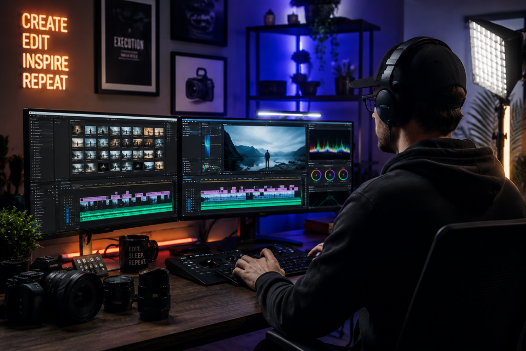 Modern video editing studio with dual monitors, Adobe Premiere Pro editing timeline, cinematic color grading, and professional camera gear.